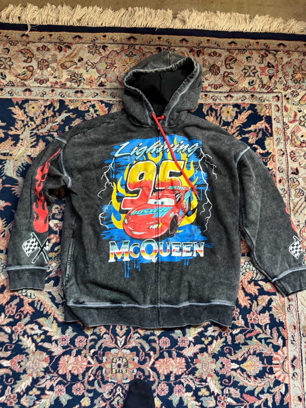 Hot Topic Black Hoodie with Red Drawcord and Blue Graphic